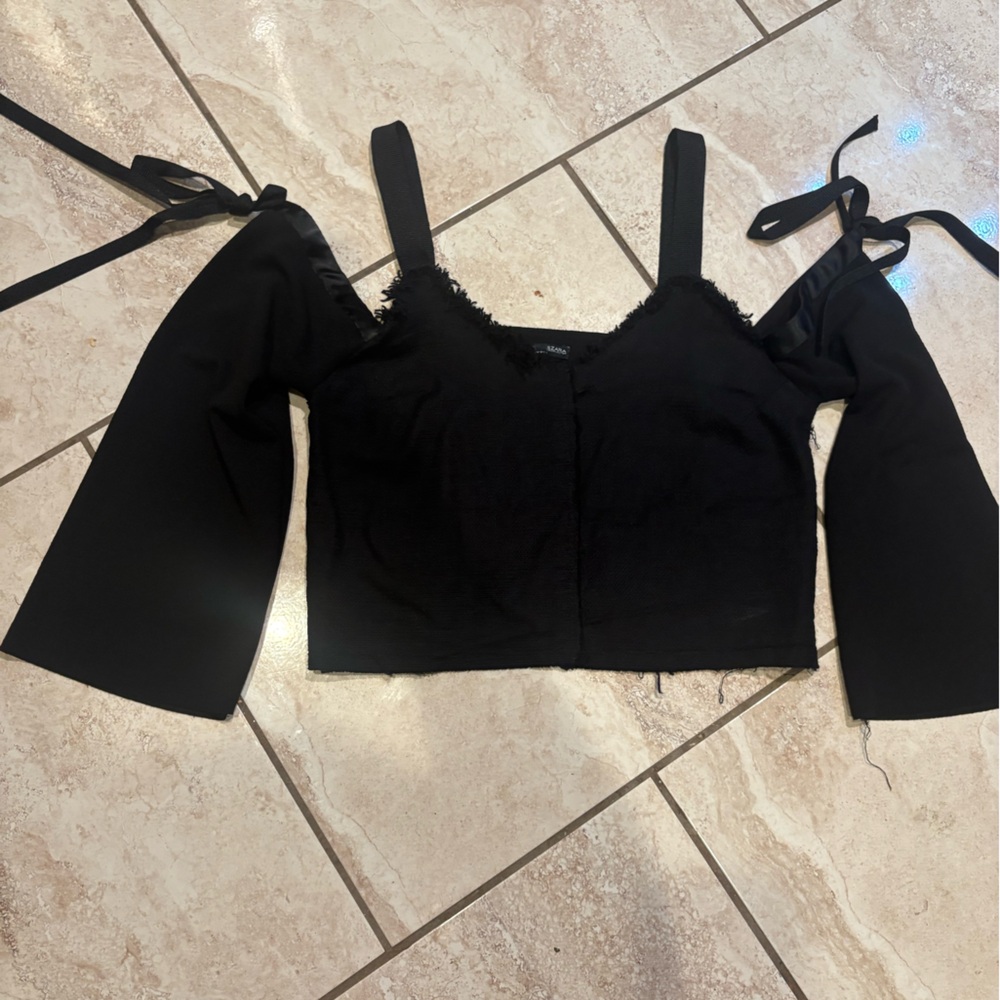 Zara Black Crop Top with Tie Sleeves